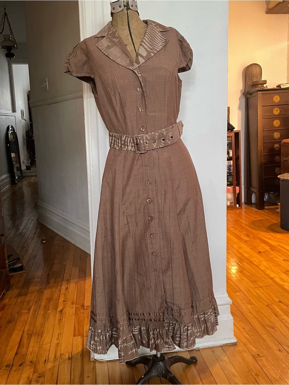 Women's Brown Button-Front Belted Midi Dress